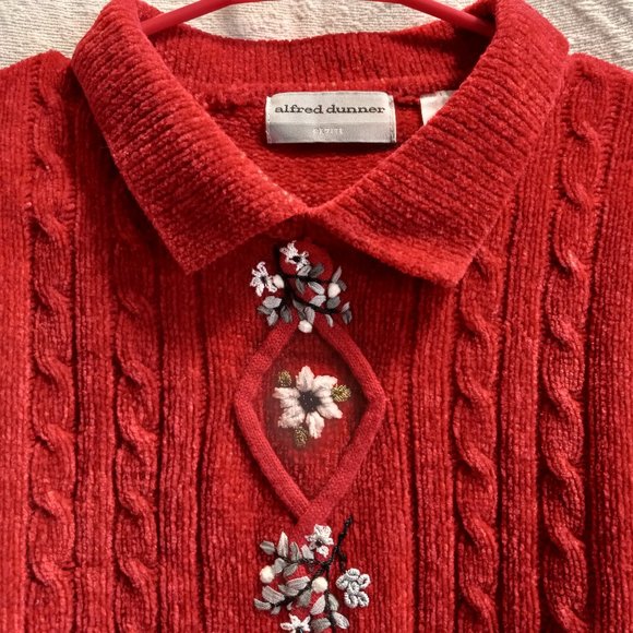 Red Alfred Dunner Cable Knit Chenille Sweater Floral Embroidery Size PXL (T-341) - Picture 6 of 12
